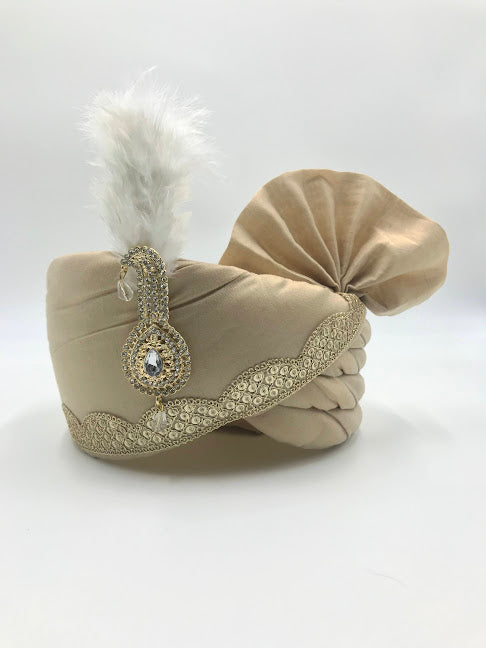 Pleasing Cream Color Poly Silk Turban With Embroidery Work For Men