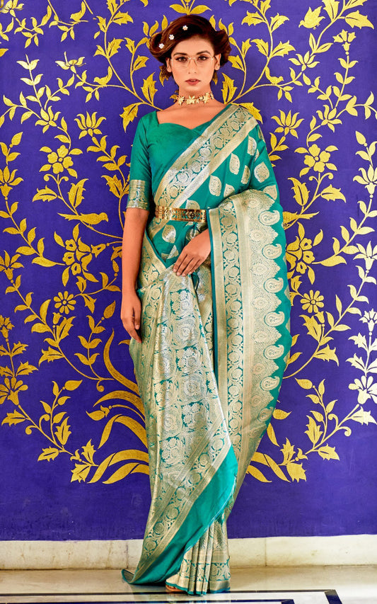 Gorgeous Teal Green Colored Banarasi Soft Silk Sarees For Women
