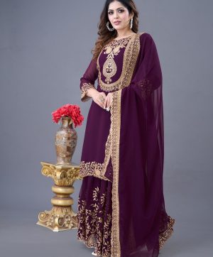 Wonderful Purple Color Faux Georgette Sharara Suit With Heavy Embroidery Sequins Thread Work For Women