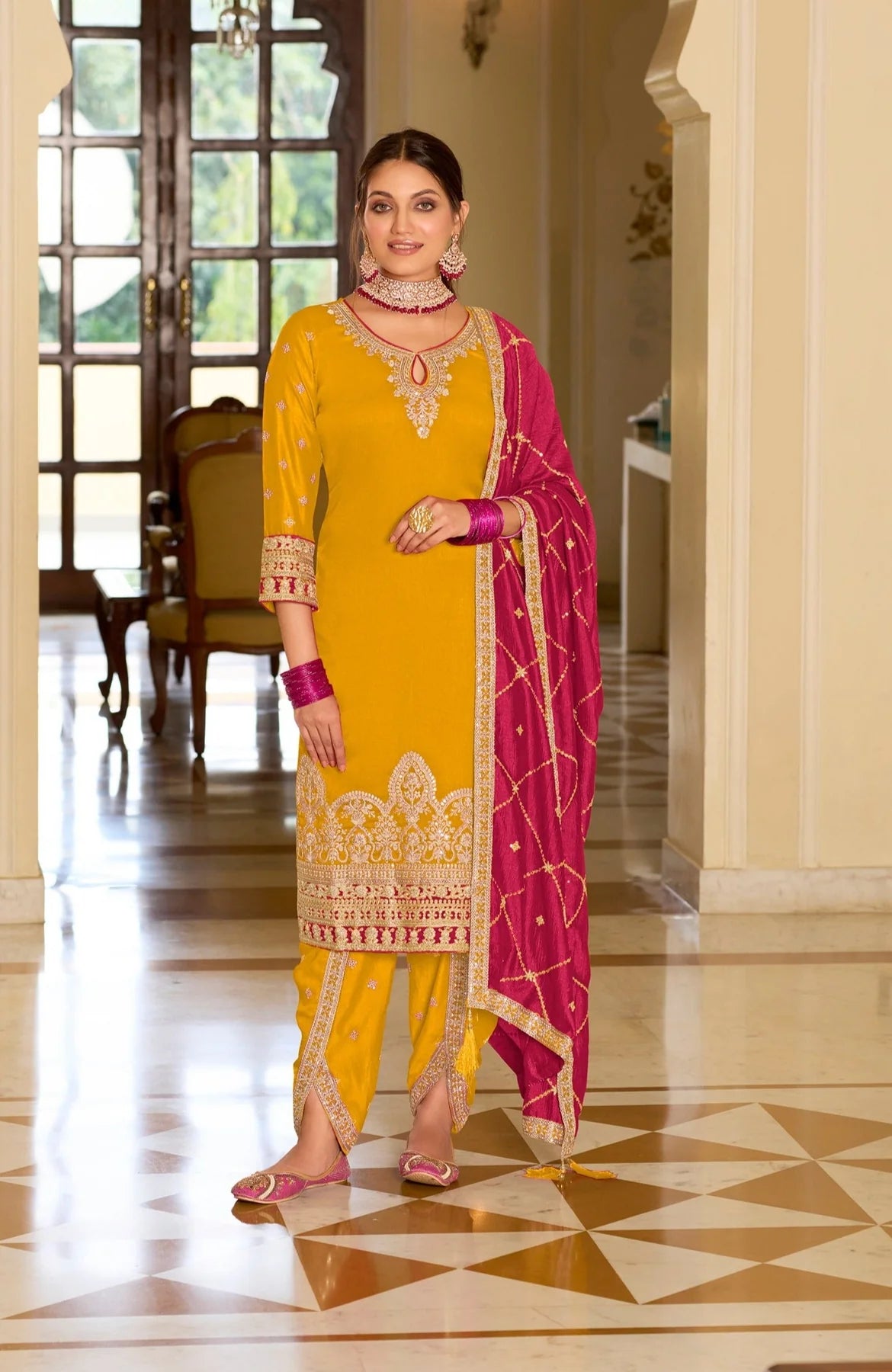 Ravishing Yellow Color Premium Silk With Embroidery Work Salwar Suits For Women