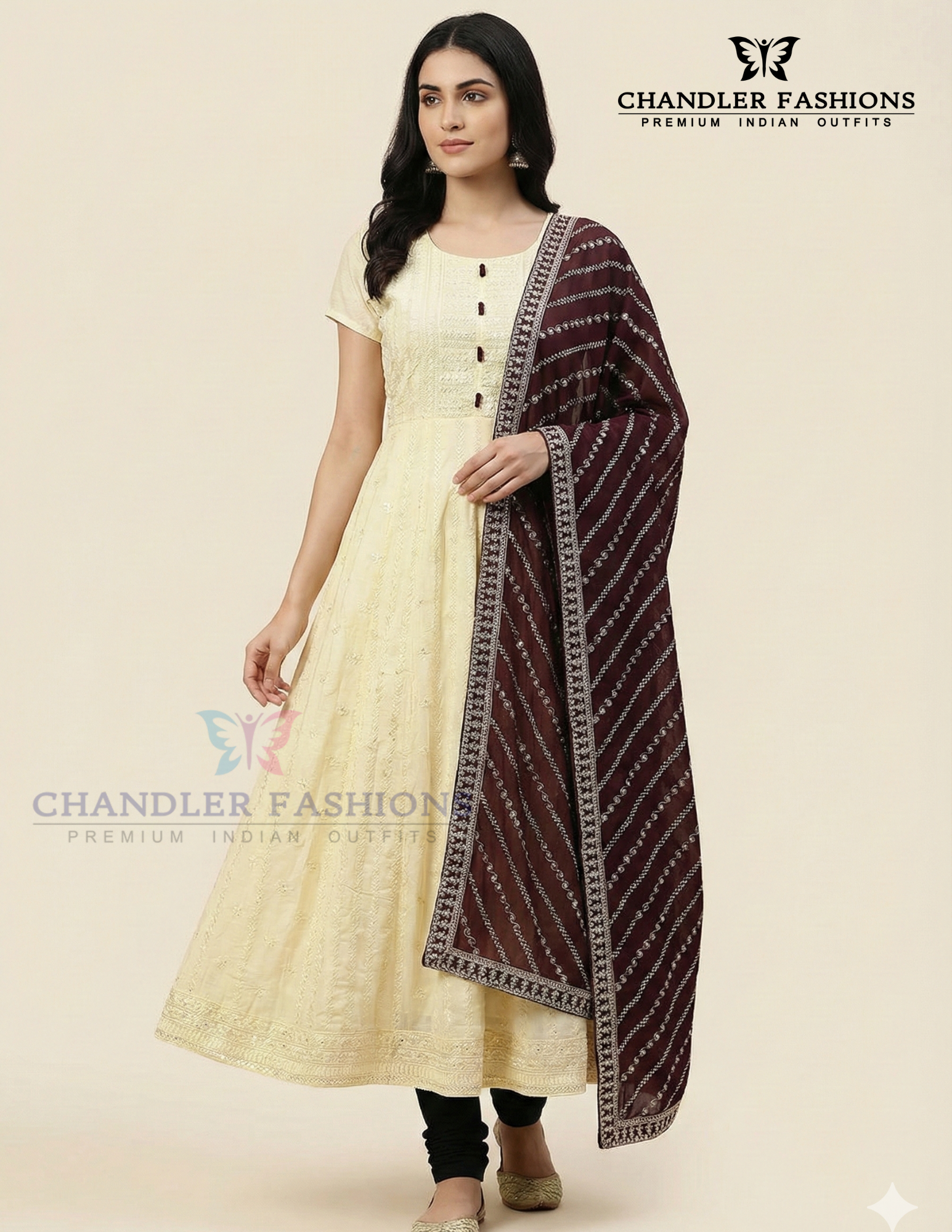 Awesome Ivory And Maroon Colored Silk Cotton Kurti With Bottom And Dupatta