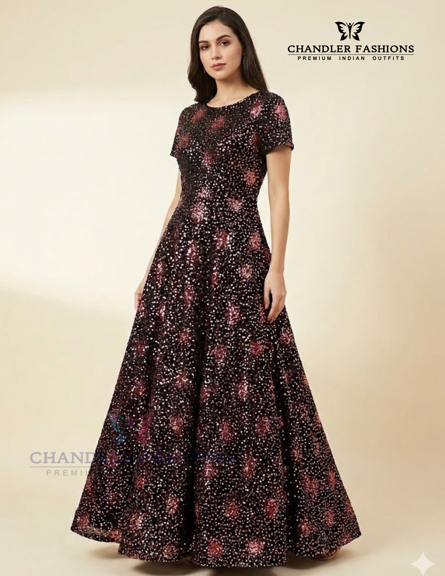 Beautiful Black Long Anarkali Gown With Pale Pink Sequins