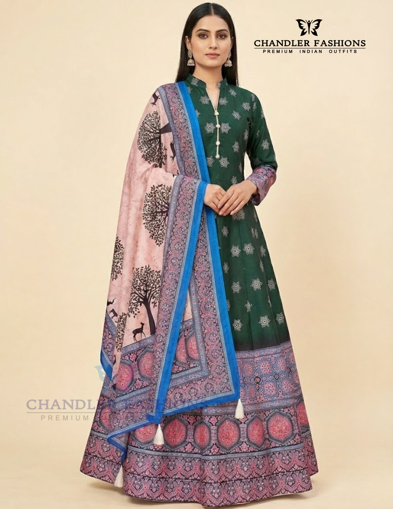 Pretty Green Color Digital Printed Vaishali Silk Anarkali Gown With Muslin Silk Dupatta