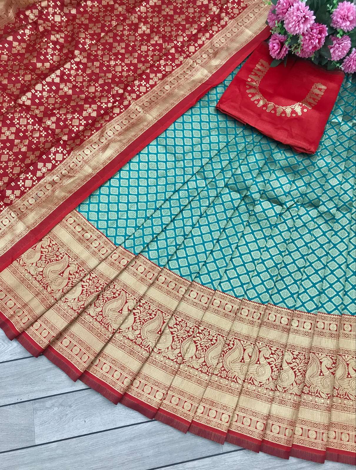 Kanjeevaram Silk Half Saree Lehenga Choli With Fancy Dupatta in Happy jack