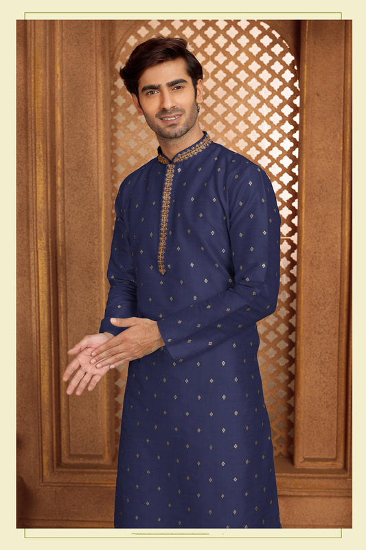Elegant Blue Colored Poly Cotton Silk Mens Kurta Pajama Sets