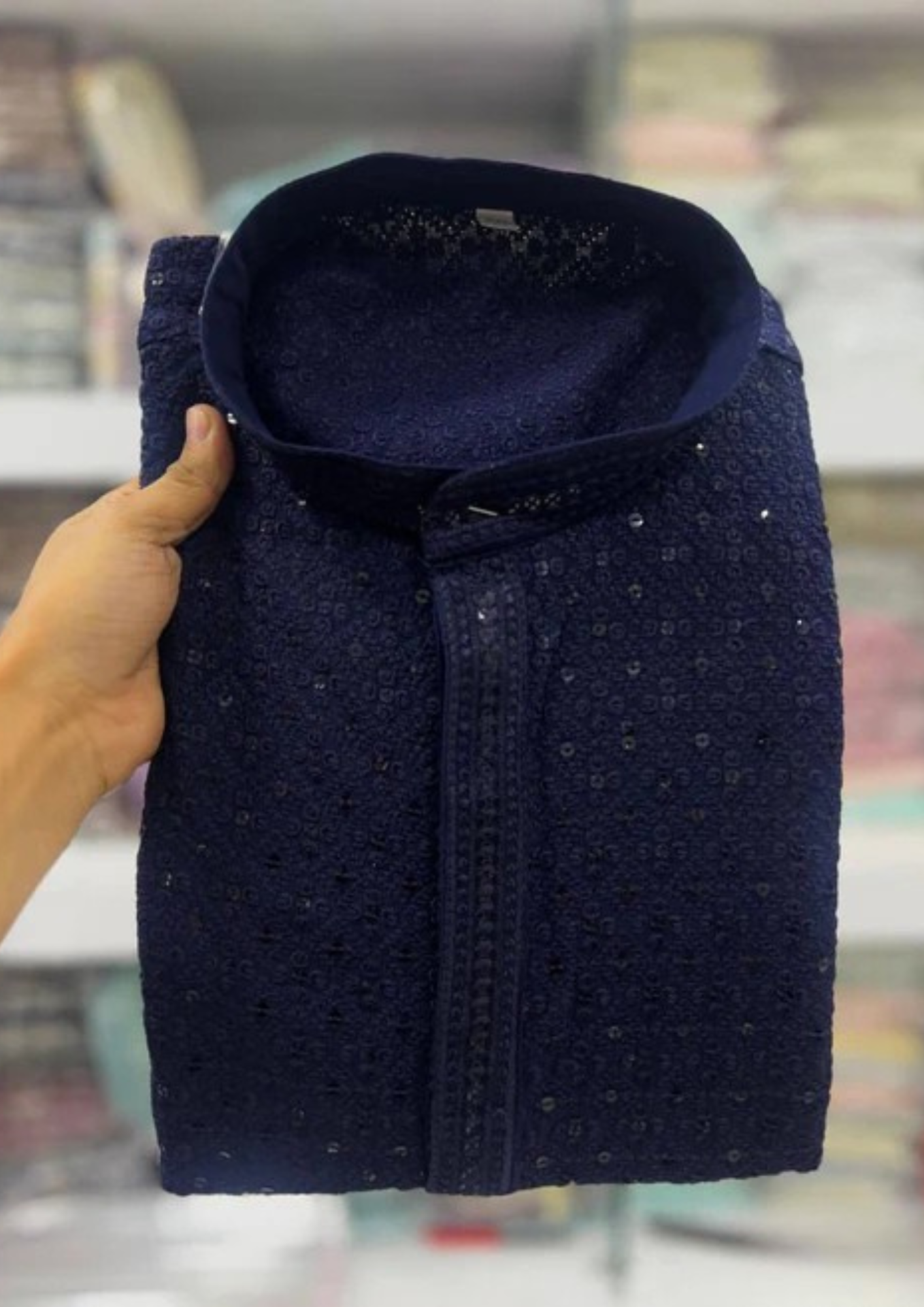 Exquisite Navy Blue Color Heavy Rayon Kurta With Pajama Pants For Men
