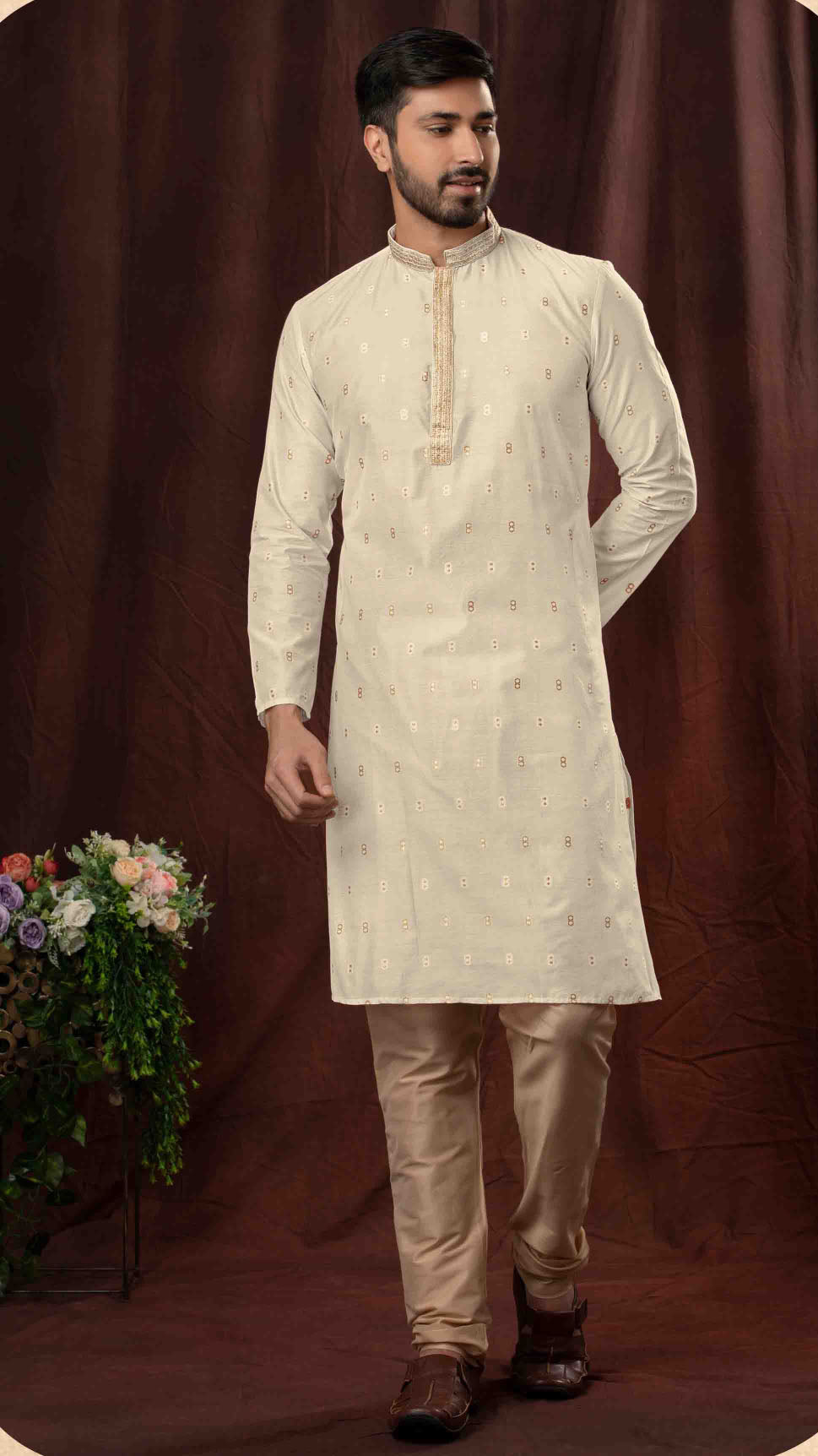 Pleasing White Color Poly Jacquard Kurta With Pajama Pant For Men