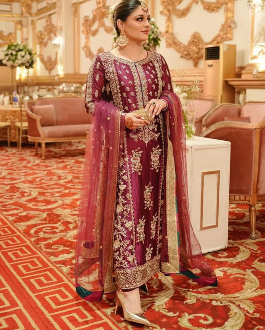 Attractive Maroon Color Georgette Salwar Suits With Heavy Embroidered Work For Women