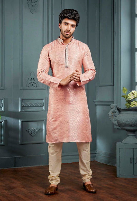 Attractive Light Pink Colored Poly Cotton Pajama Pant With Poly Jacquard Kurta Sets