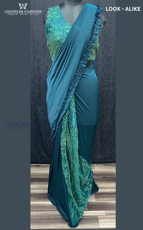 Elegant Teal Blue Color Lycra Ready To Wear Saree For Women