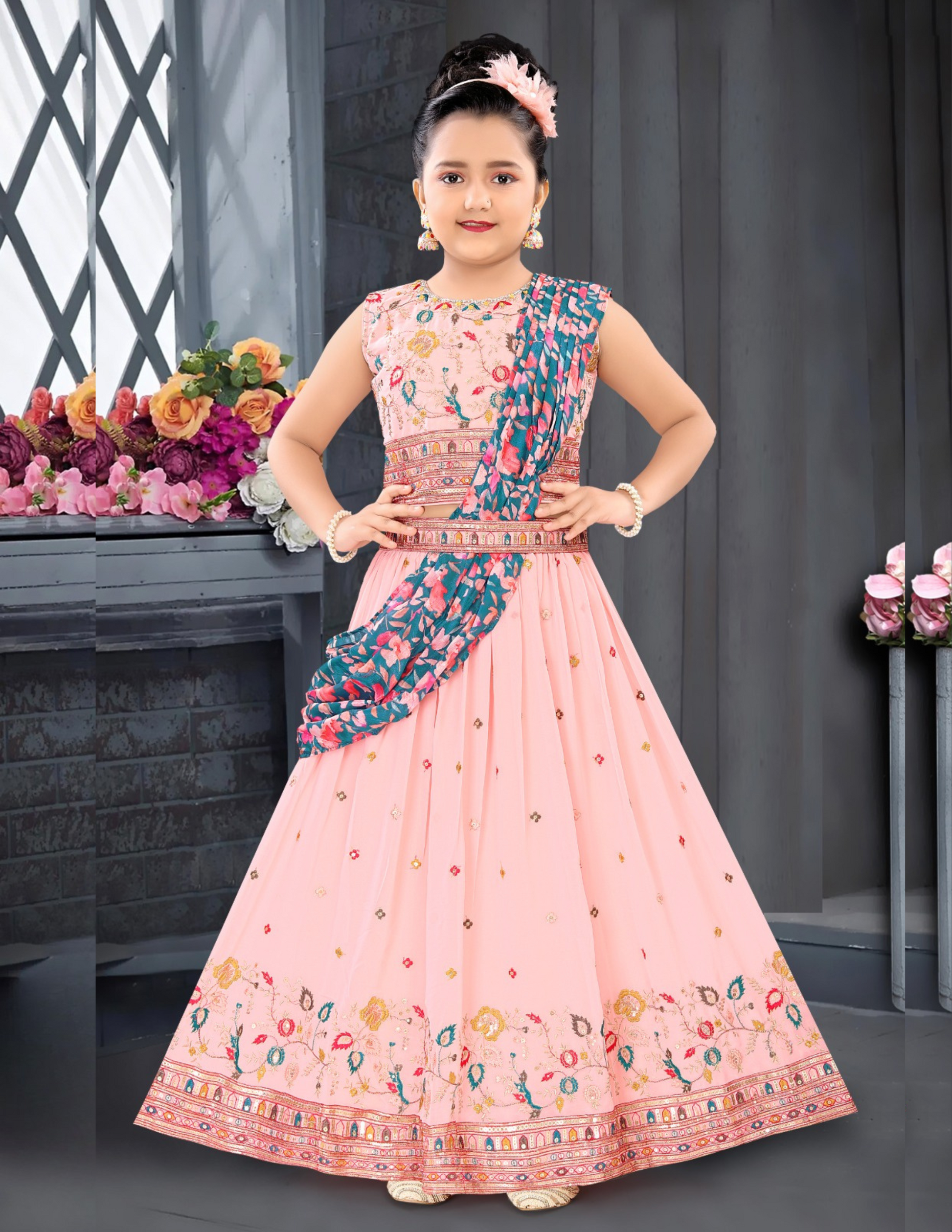 Charming Light Pink Color Embroidery And Sequins Work Choli Sets For Girls