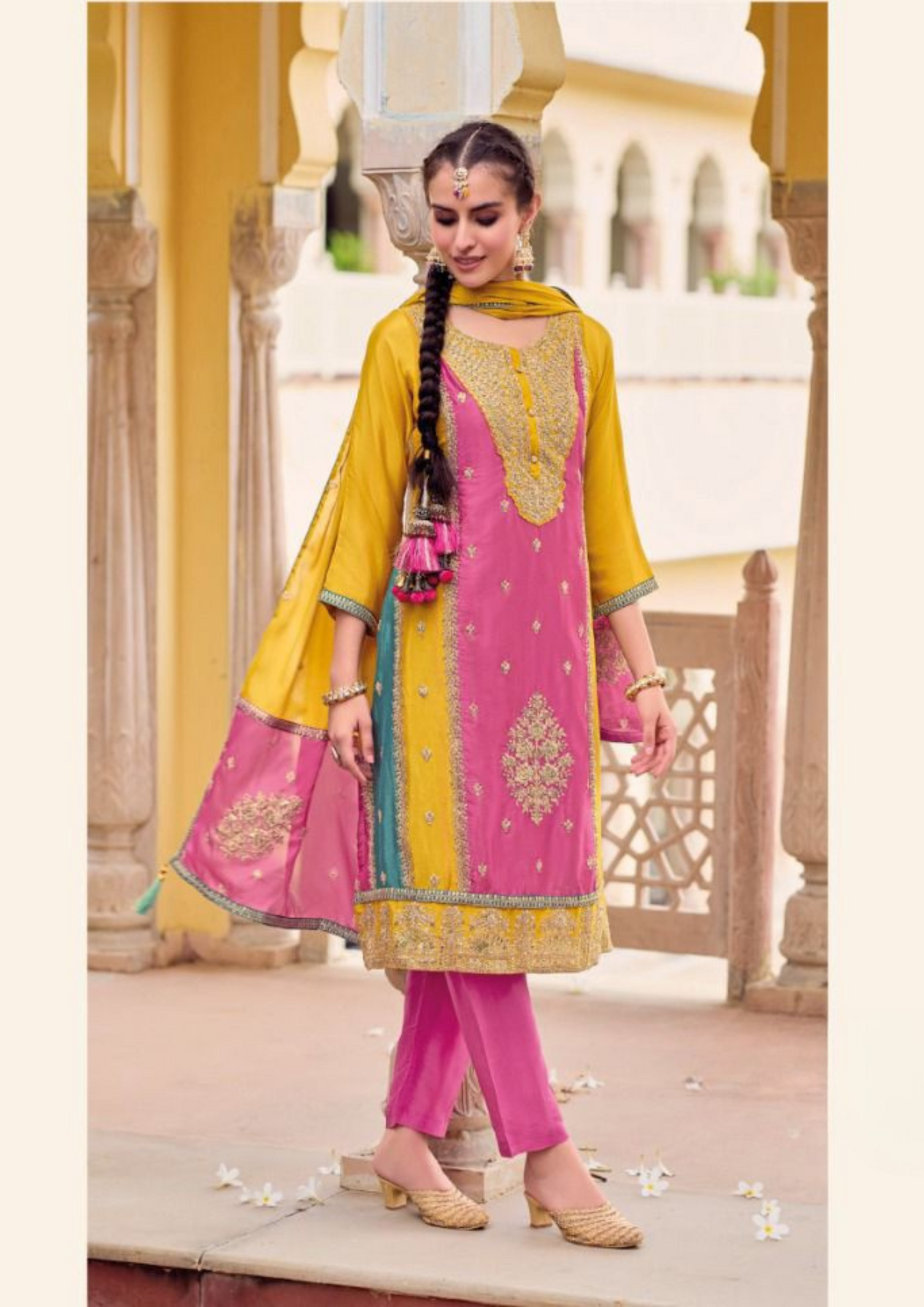 Aesthetic Pink And Yellow Color Heavy Chinon Embroidered Work Salwar Suits With Embroidery Dupatta