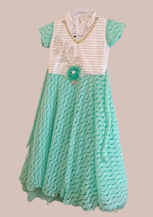 Attractive Green And White Kids Party Wear Frock For Girls