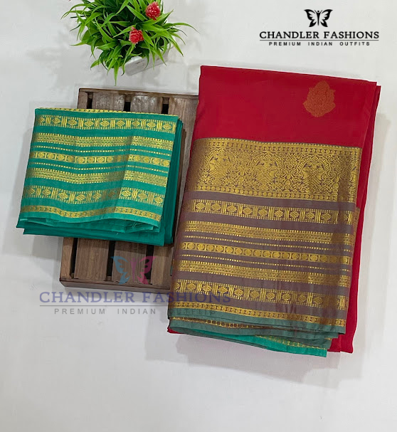 Attractive Red Color Pure Kanchi Silk With Contrast Green Pallu And Gold Zari Work Saree Near Me
