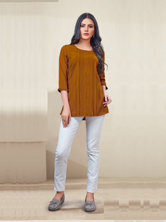 Fashionable Mustard Color Georgette and Rayon Mix Pintuck Western Top