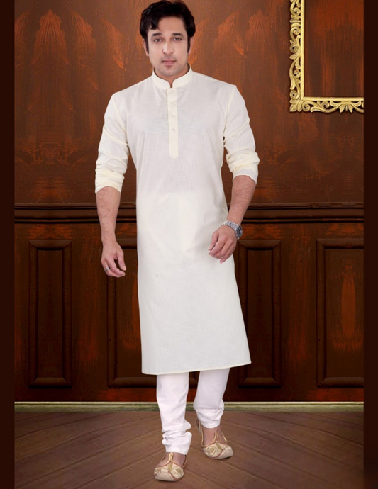 Elegant Cream Color Premium Linen Cotton Kurta Suits For Men