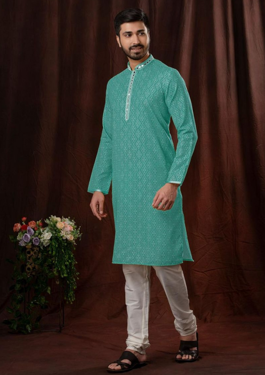 Gorgeous Sea green kurta pajama mirror work For Men