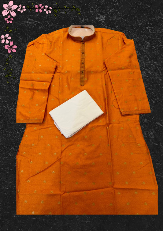 Beautiful Orange Color Jacquard Silk Designer Men's Kurta With Pajama Pant