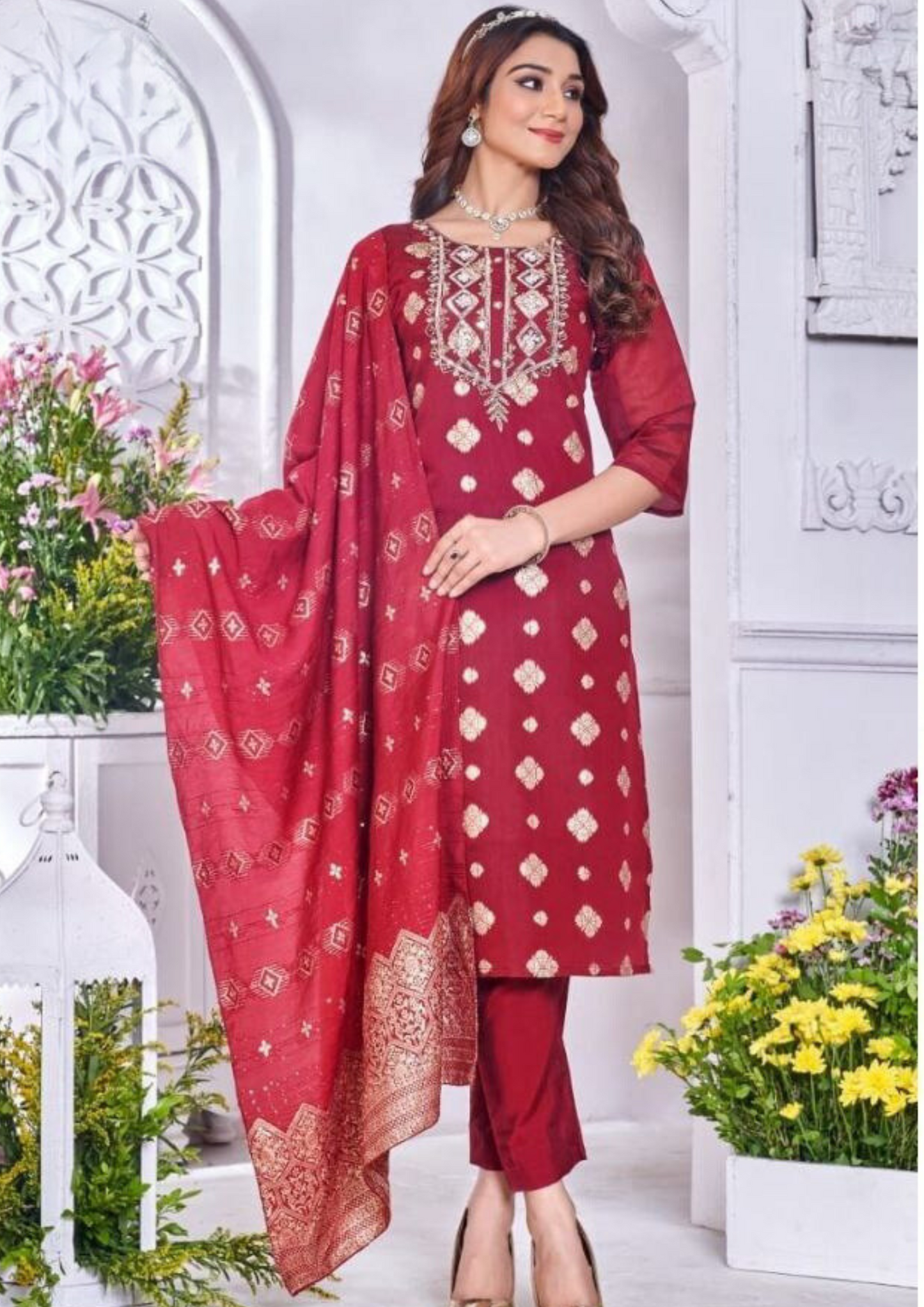 Beautiful Red Color Silk Salwar Suits With Banarasi Dupatta For Women