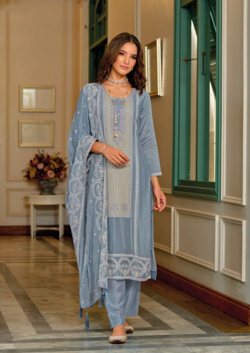 Pleasing Blue Colored Embroidery Salwar Suits With Fancy Dupatta 