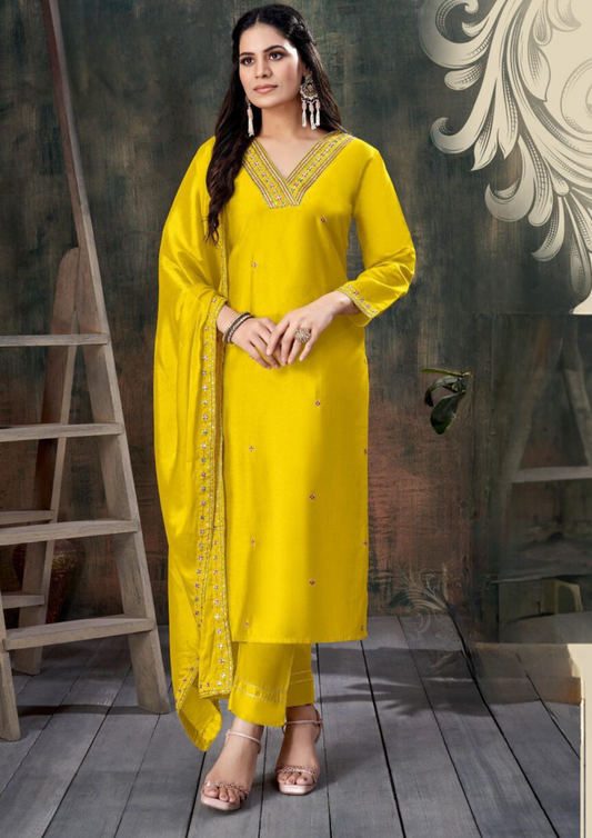 Elegant Yellow Color Roman With Heavy Embroidery Work Kurti Suit For Women