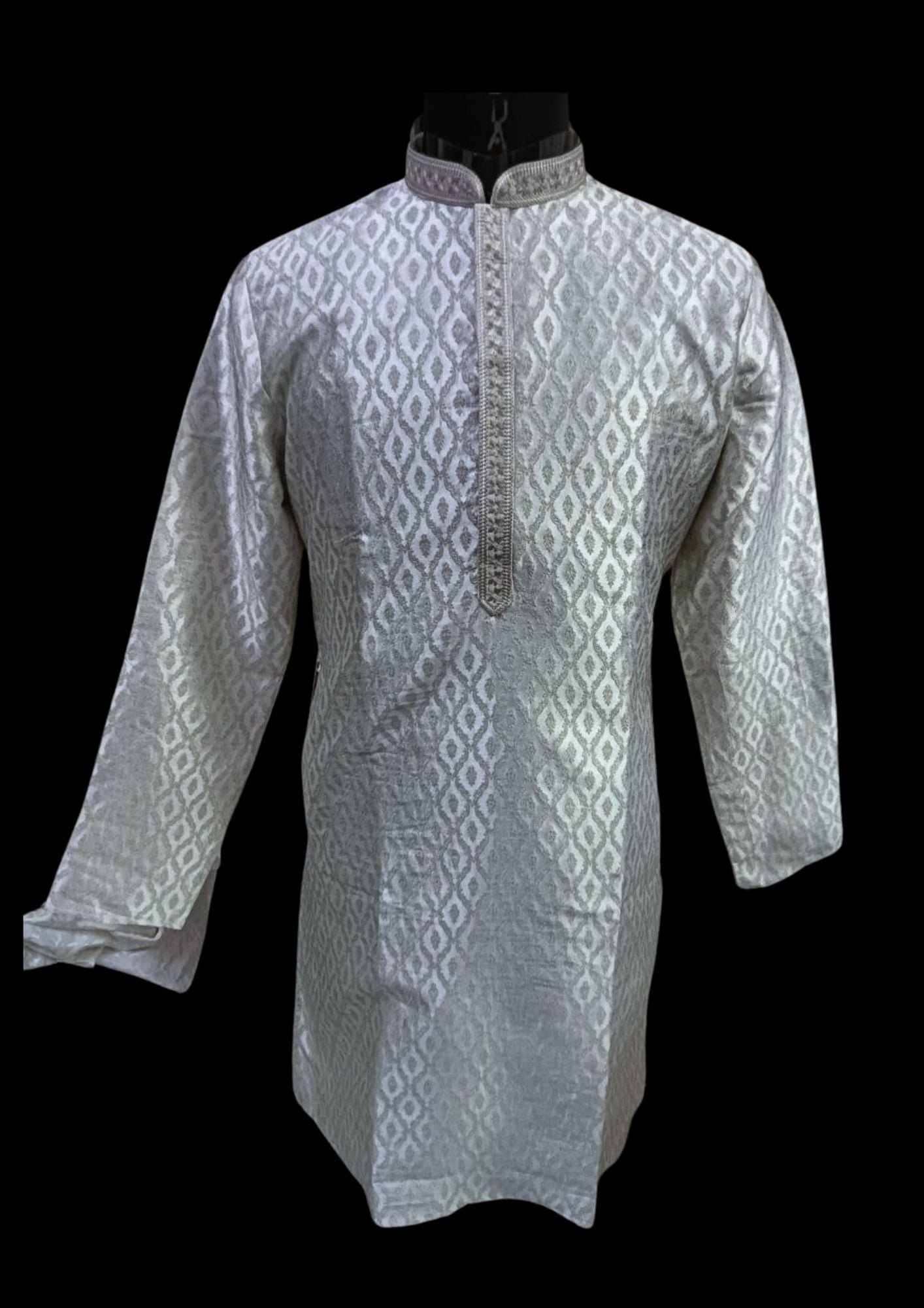 Attractive Silver Colored Banarasi Brocade With Self Designed Kurta Suits For Men