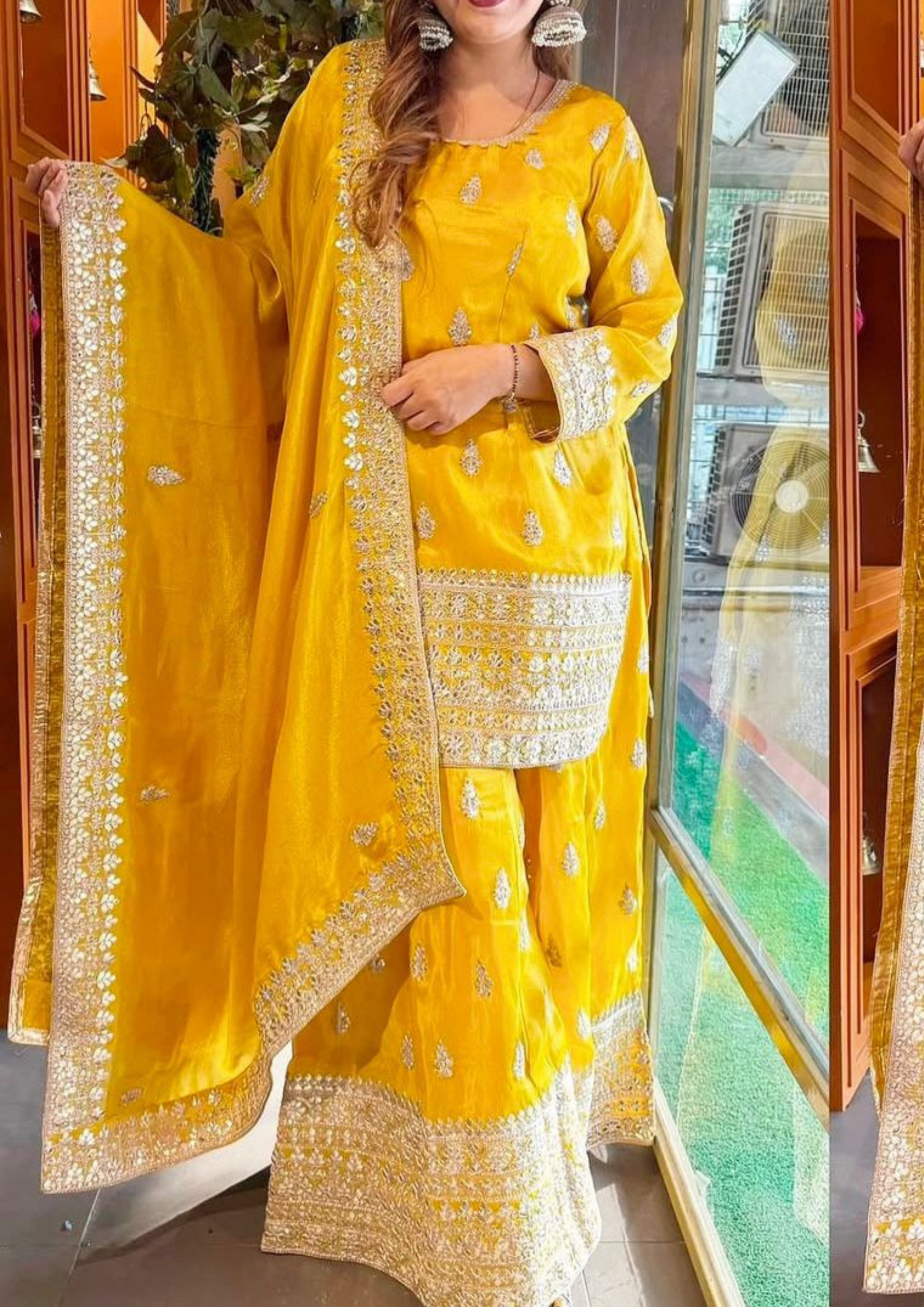 Gorgeous Yellow Color Chinon Silk Sharara With Sequence and Thread Work For Women