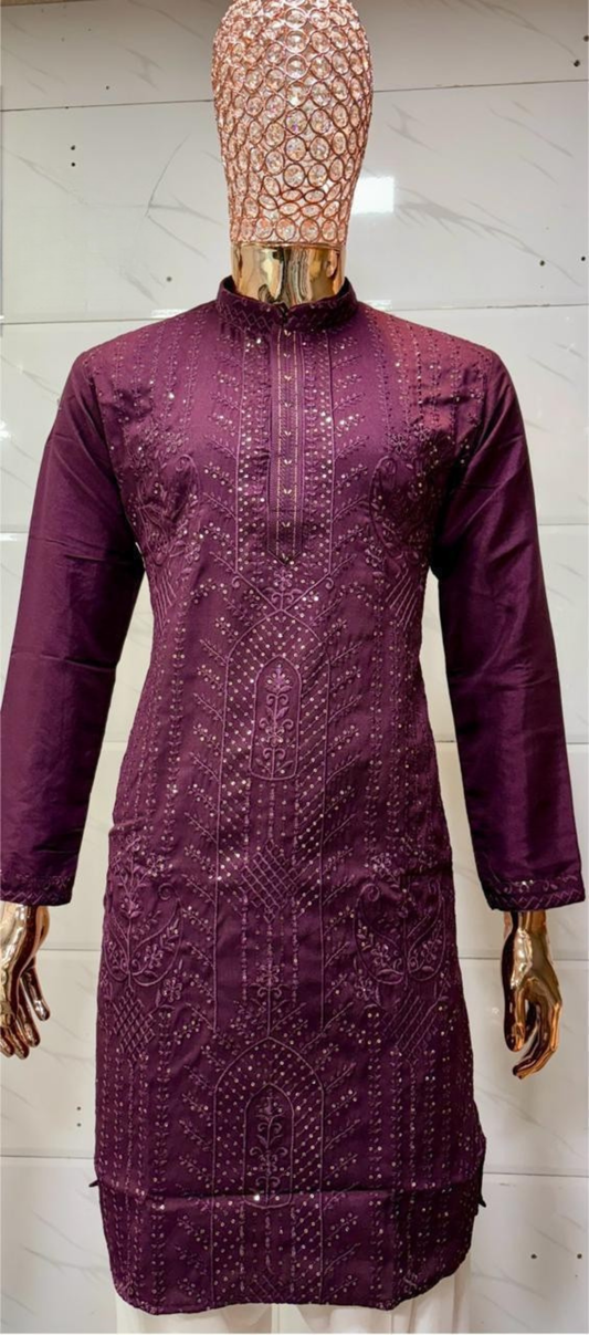 Charming Wine Color Cotton With Sequins Embroidery Work Kurta With Pajama For Men