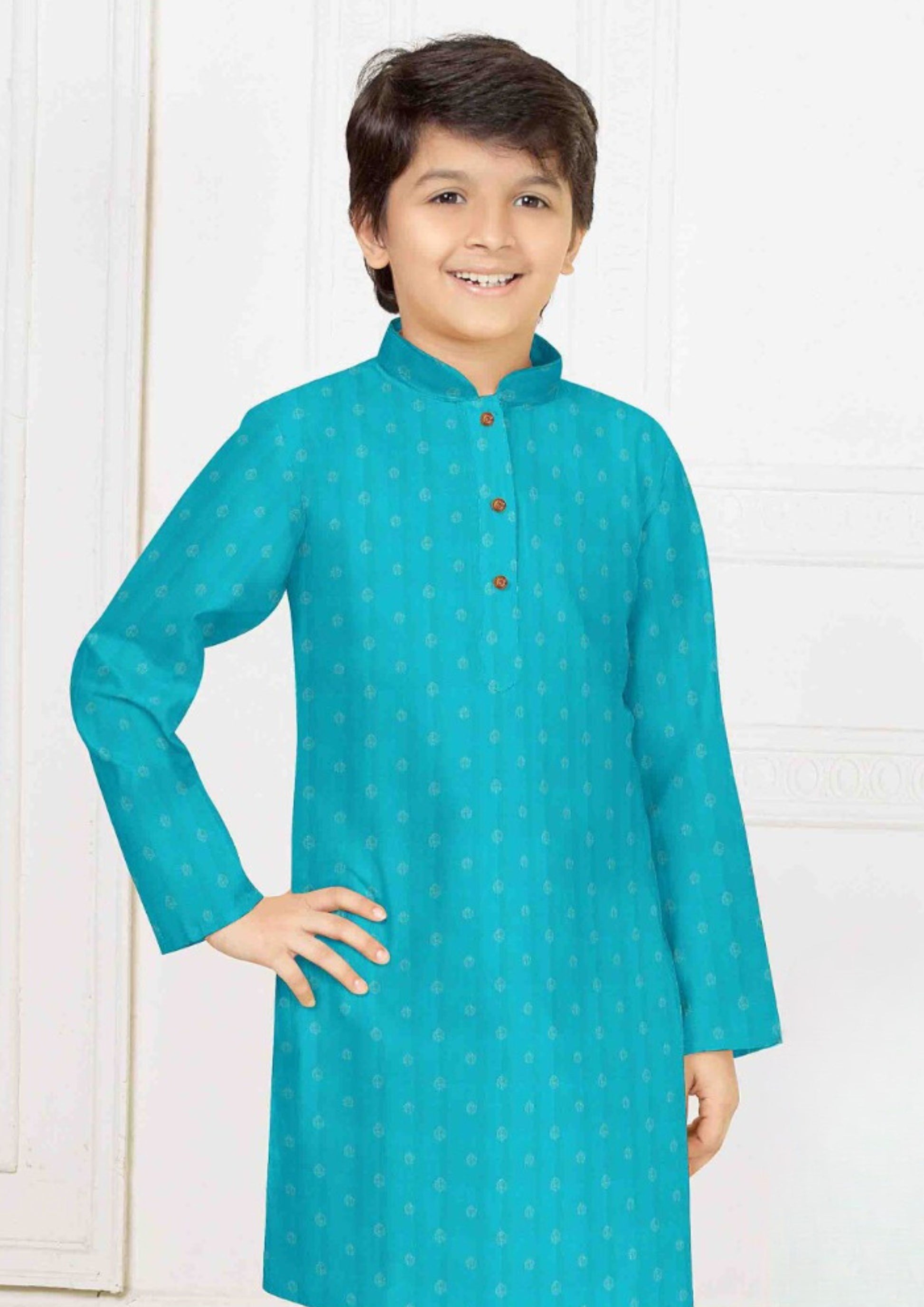 Blue Designer Poly Blended Kurta Pajama Set For Kids Near Me