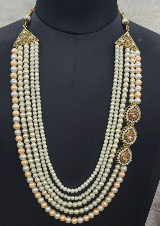 Alluring Traditional Wear Mala With Pearl Beads And Peach Color Stones For Men