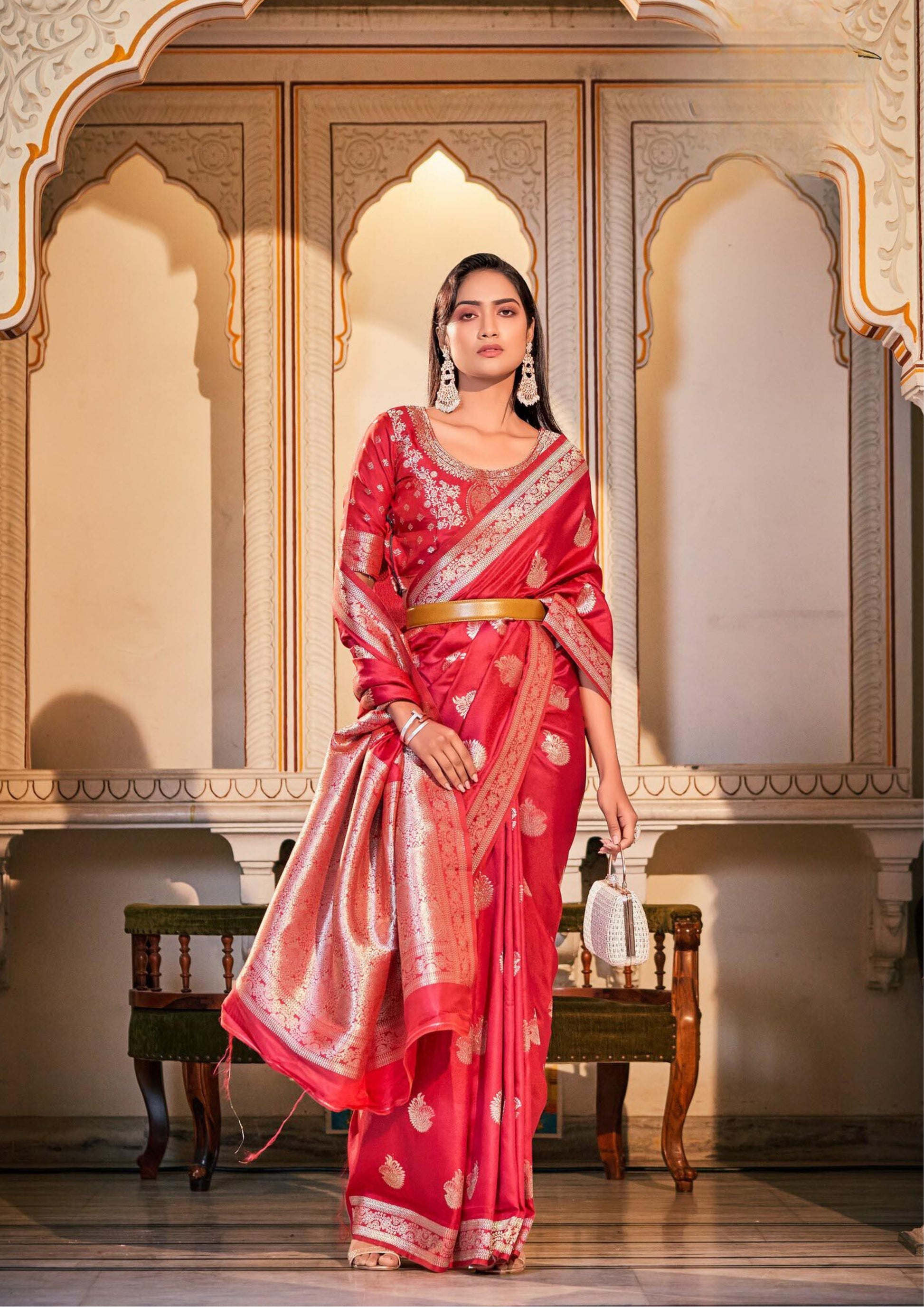 Attractive Satrani Art Silk Gold & Red Color Saree with Blouse piece