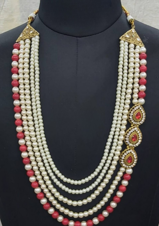 Ravishing Red And White Color Beads And Stone Work Men's Mala  