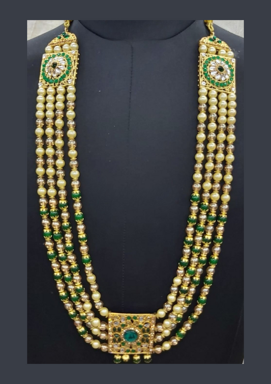 Alluring Four Layared Dark Green Color Unique Mala With Stone Work For Men