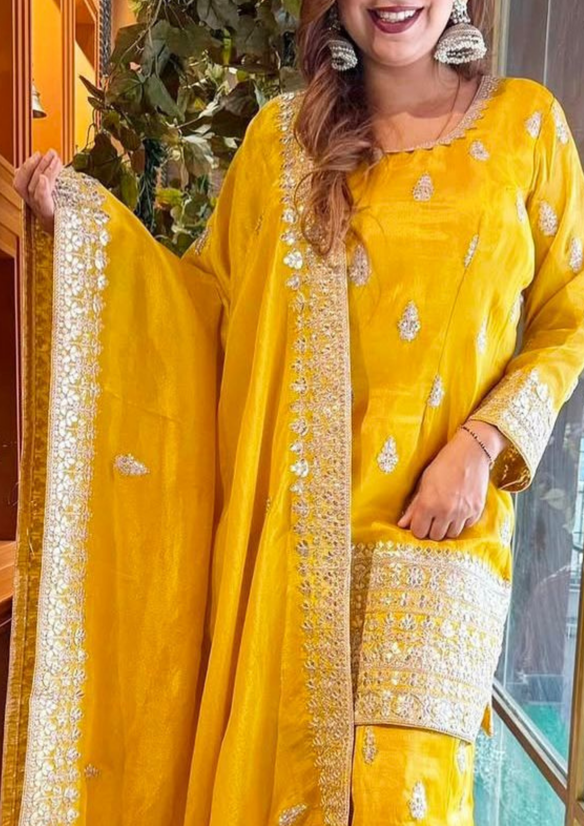 Gorgeous Yellow Color Chinon Silk Sharara With Sequence and Thread Work Near Me