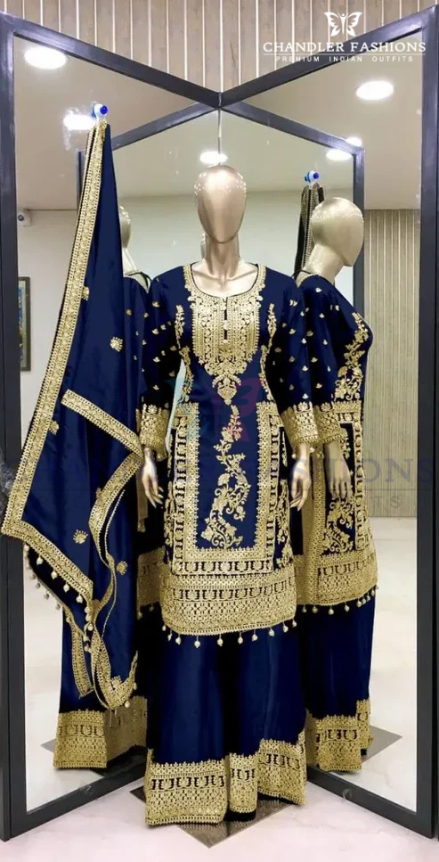 Charming Royal Blue Color Pure Chinon Embroidery And Dori Sequins Work Palazzo Suits For Women