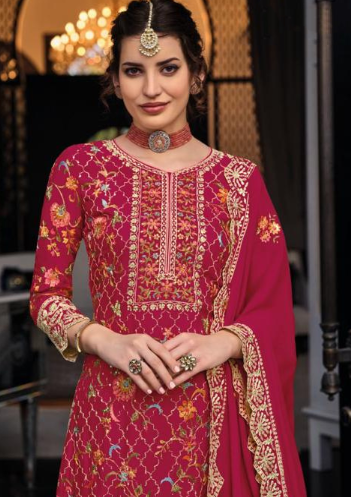 Stunning Red Color Designer Palazzo Suits In Yuma