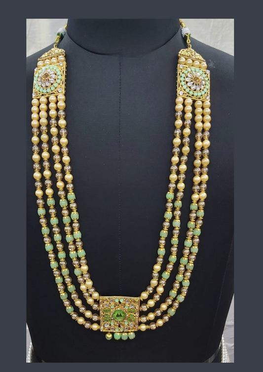 Graceful Four Layered Pista Green And Golden Beads Men's Mala With Stone
