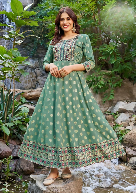 Elegant Teal Green Colored Rayon Foil Print Work Salwar Suits For Women