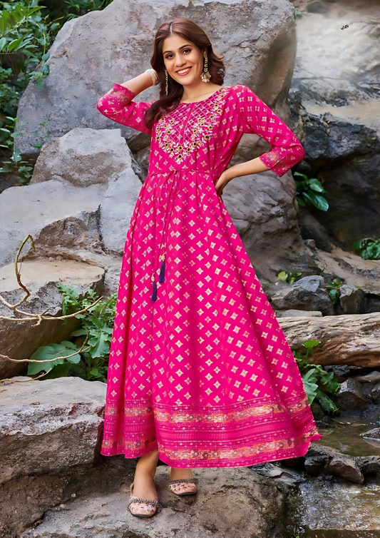 Beautiful Rani Pink Colored Rayon Foil Printed Work Kurti For Women