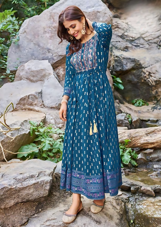 Attractive Blue Colored Rayon Foil Print Work Kurti For Women