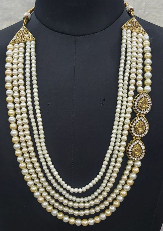 Fabulous Traditional Wear Men's Mala With Pearl Beads And Golden Color Stones