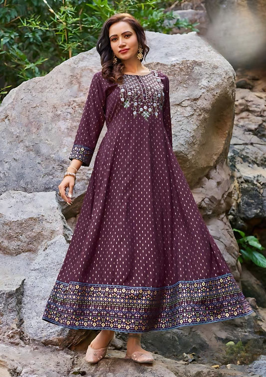 Gorgeous Purple Colored Rayon Foil Print Work Kurti For Women