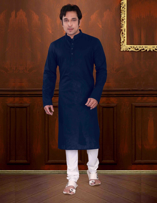 Delightful Navy Blue Color Premium Linen Cotton Kurta With Pajama Set For Men