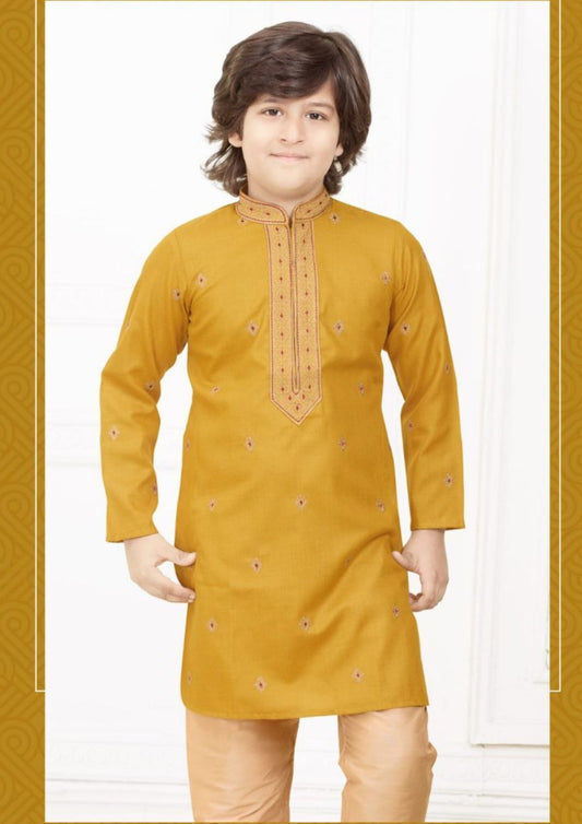 Elegant Yellow Color Embroided Kurta With Pajama Pant For Kids
