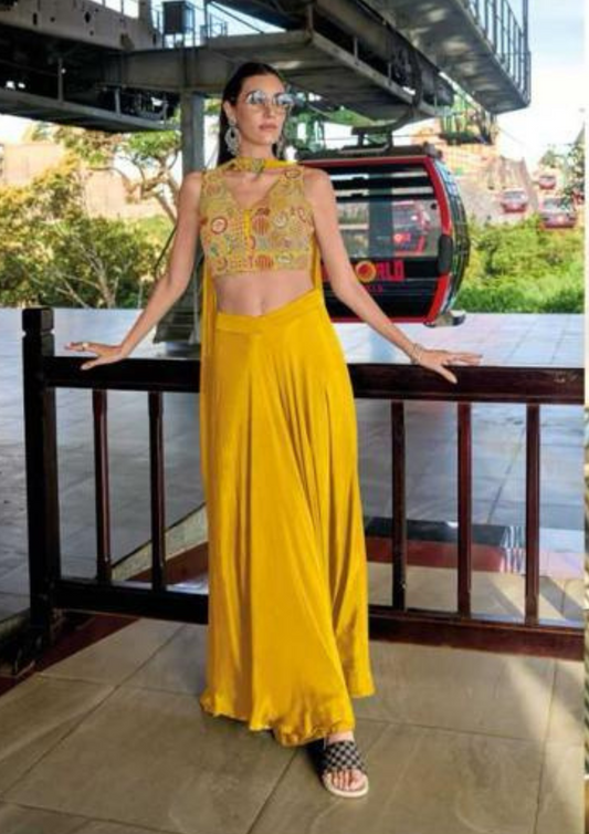Pleasing Yellow Color Designer Embroided Palazzo Suits For Women
