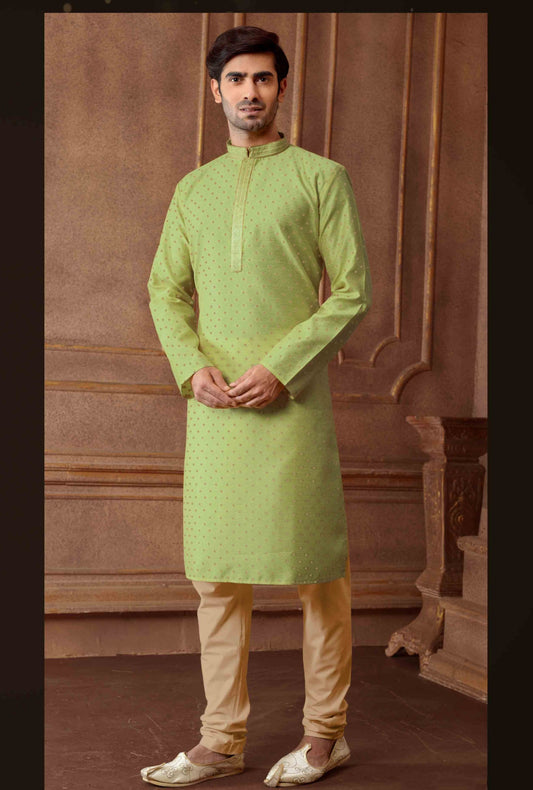 Appealing Light Green Color Poly Jacquard Kurta With Pajama Pant For Men