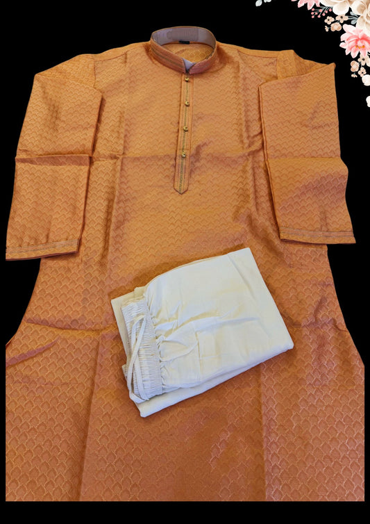 Attractive Peach Color Art Silk Pltal Pattern Men's Kurta Sets