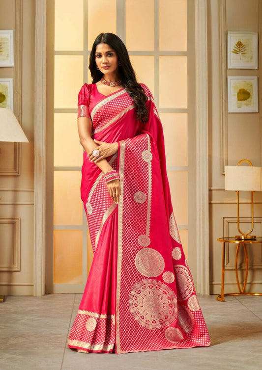 Attractive Pink Colored Banarasi Silk Sarees For Women