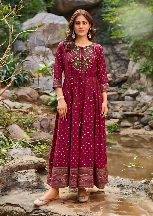 Stunning Maroon Colored Rayon Foil Print Work Kurti For Women