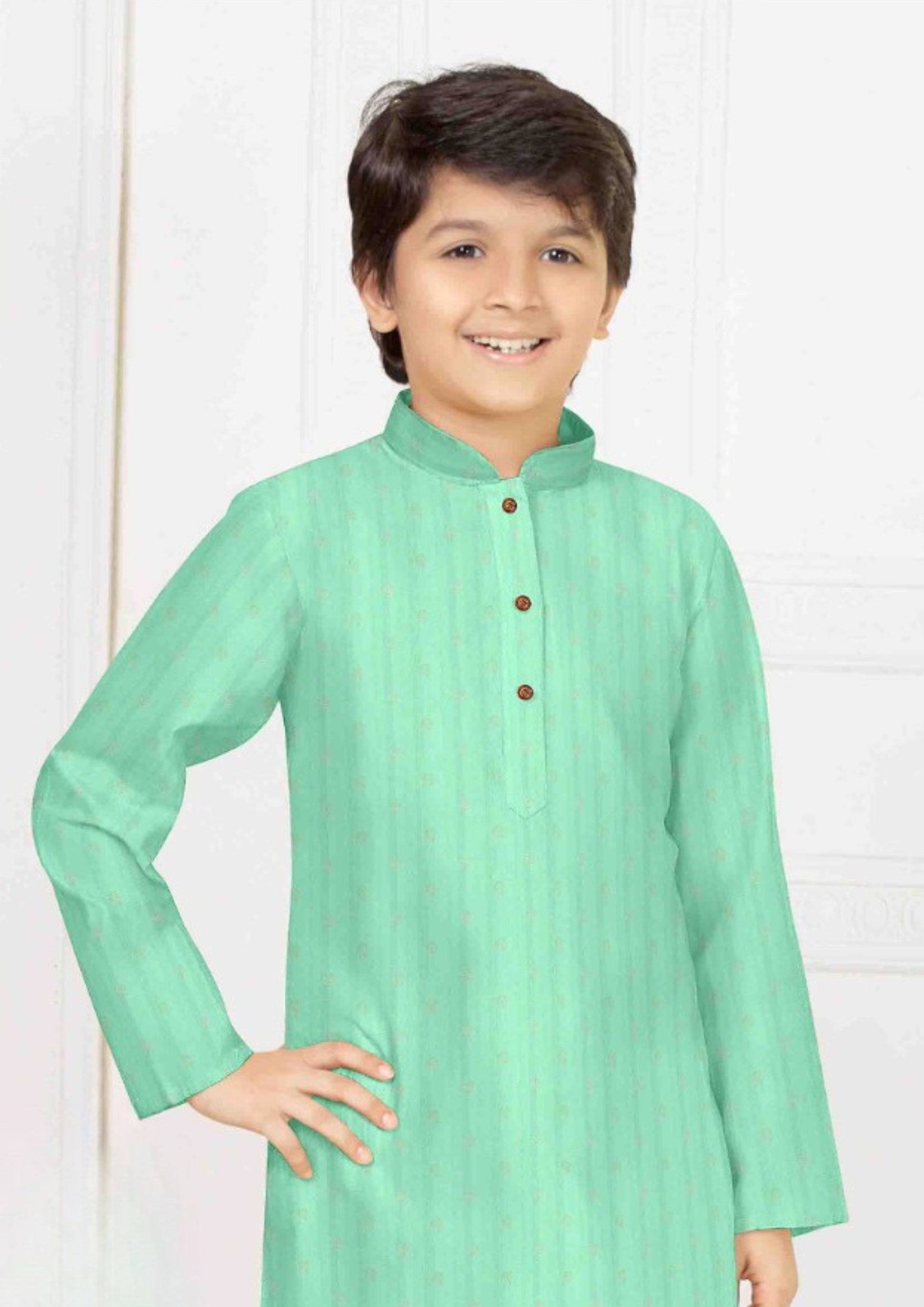 Sea Green Color Designer Poly Blended Kurta Pajama Set For Kids Near Me